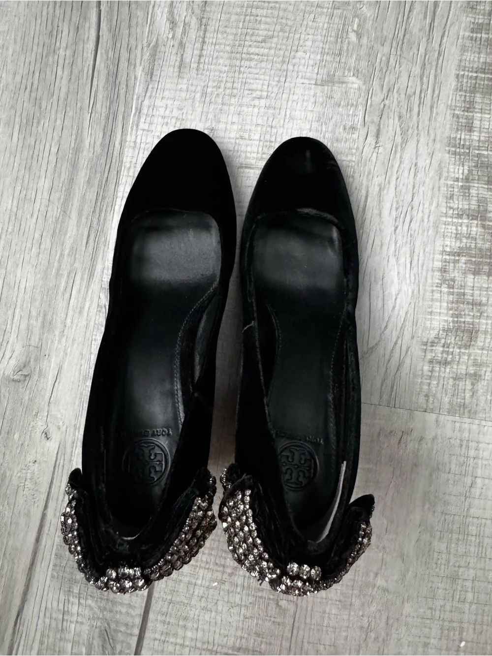 Tory Burch Black Velvet Block Heel Pumps with Crystal Embellishment